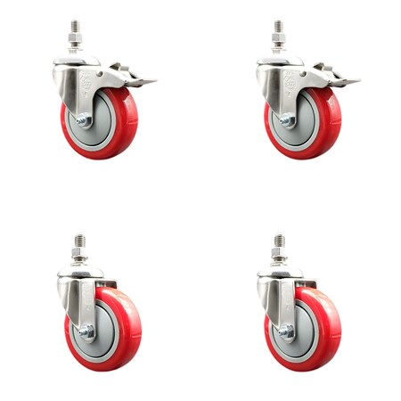 Service Caster 4 Inch 316SS Red Polyurethane 1/2 Inch Threaded Stem Caster Lock Brake SCC, 2PK SS316TSTTL20S414-PPUB-RED-121315-2S2
